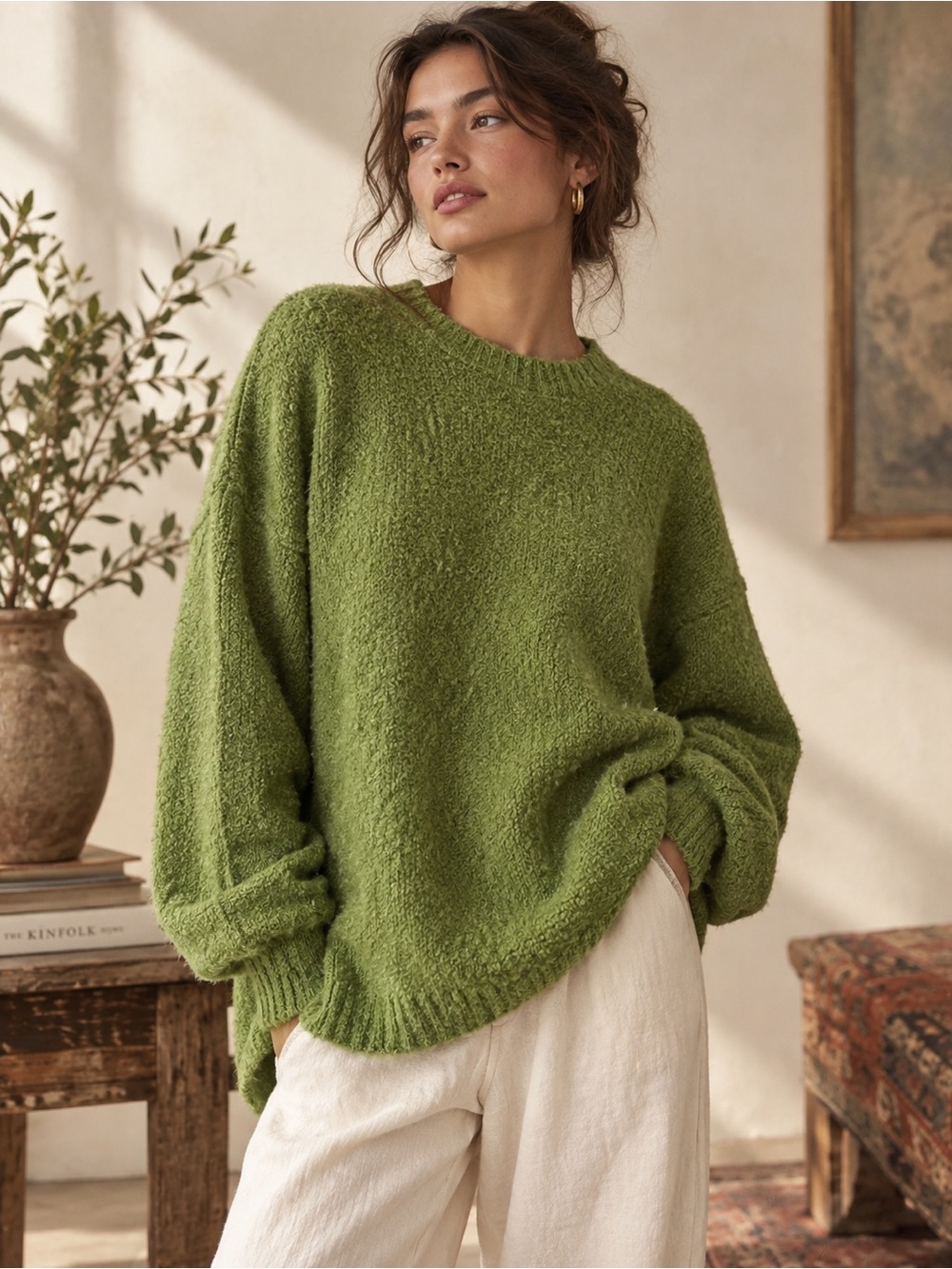 NWOT Cozy Olive Green Crewneck Oversized Sweater - Size L